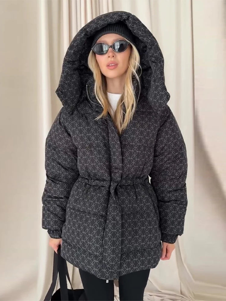 Print Padded Winter Jacket Women Casual Puffer Long Sleeve Zipper Woman Outerwear Hooded Female 2026 Black Padding Parkas Coat